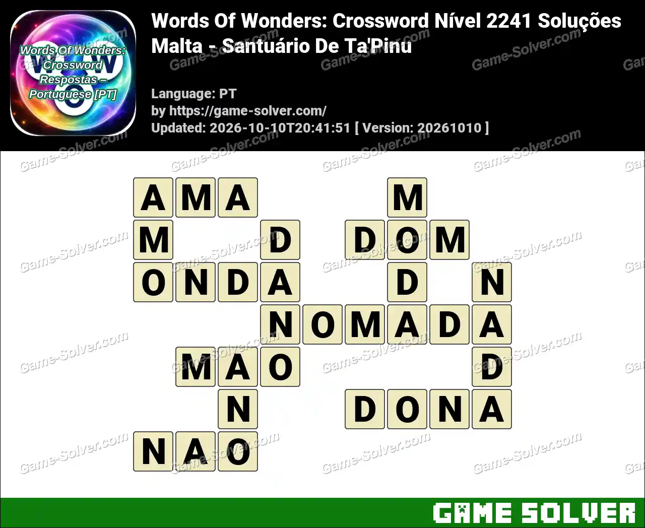Words Of Wonders: Crossword Nível 2241 Soluções – Malta – Santuário De Ta’Pinu